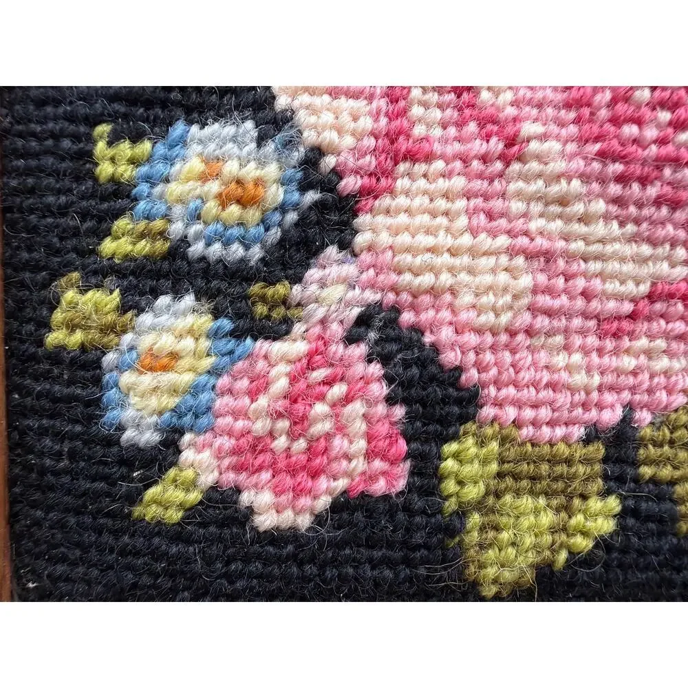 Vintage Framed Pink Rose Needlepoint Floral Wall Art Black Background 6.25”